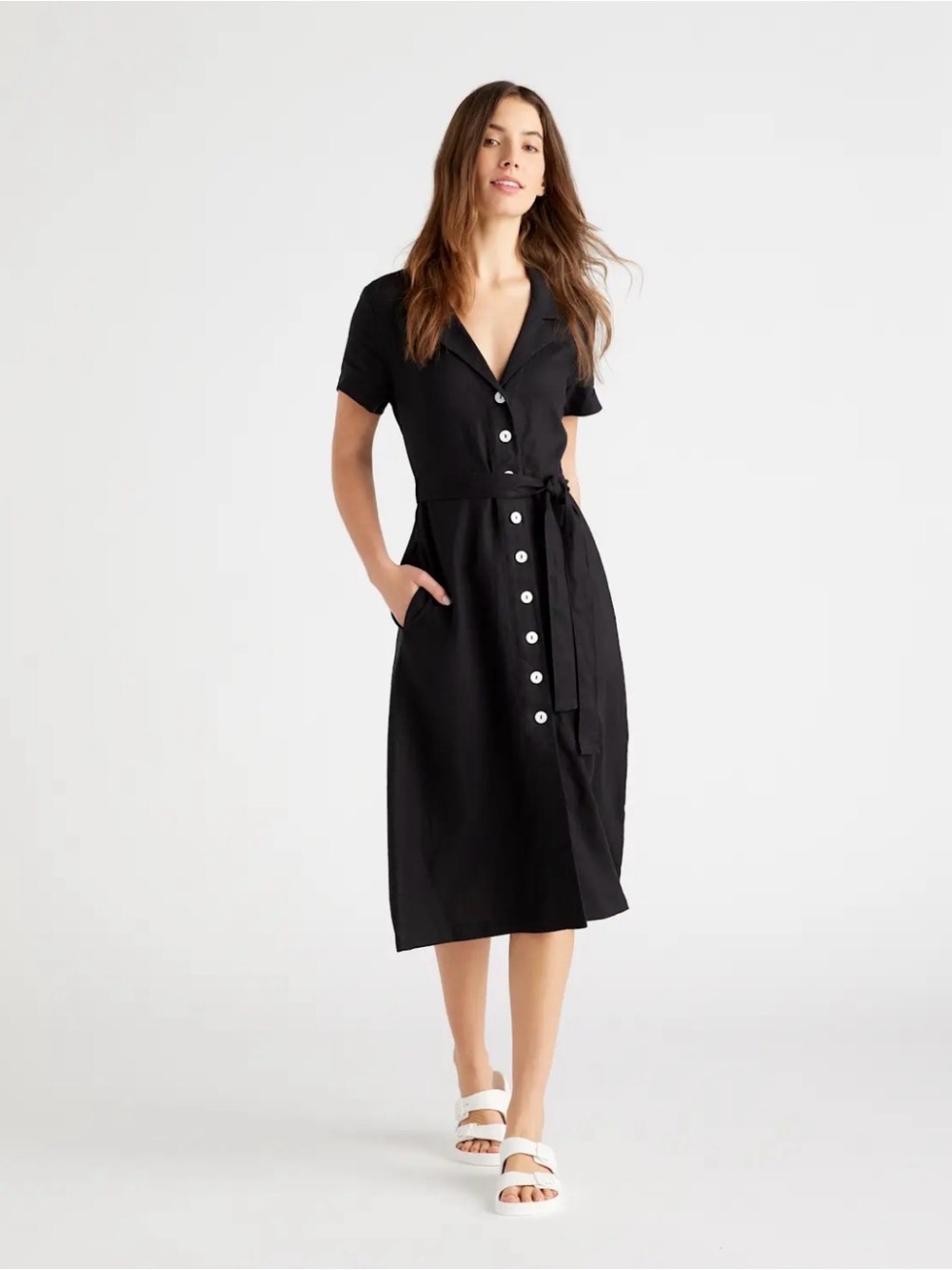 Quince 100% European Linen Button Front Midi Dress Shirtdress Size Medium Black